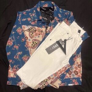 Valabasas Picasso Denim 2 Piece Outfit (White)(Jacket Medium/Pants 30/34)